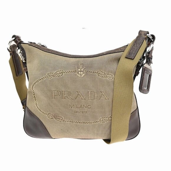 PRADA Logo Jacquard Crossbody Shoulder Bag Canvas Leather Brown 33FC058 - Picture 1 of 16